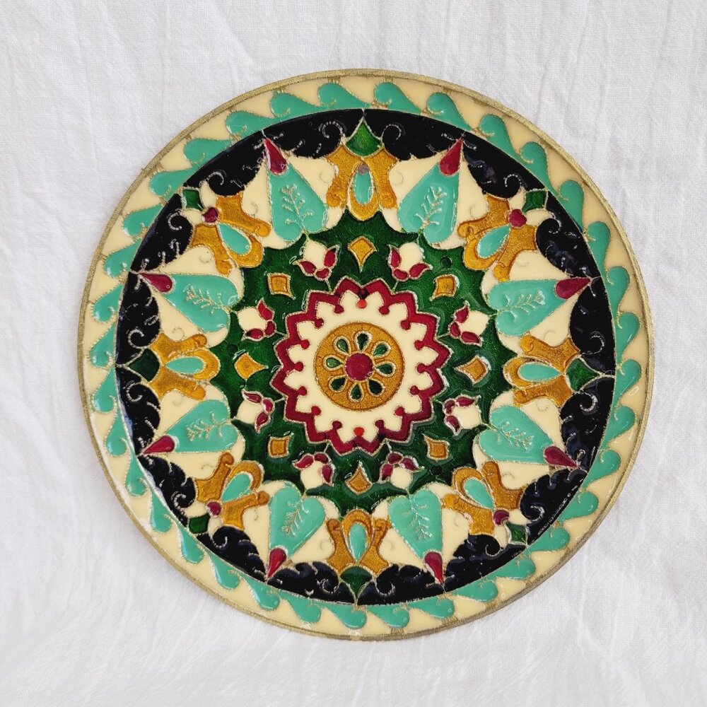 VTG Decorative Greek Byzantine Brass Wall Plate with Enamel Floral Pattern 5.75"